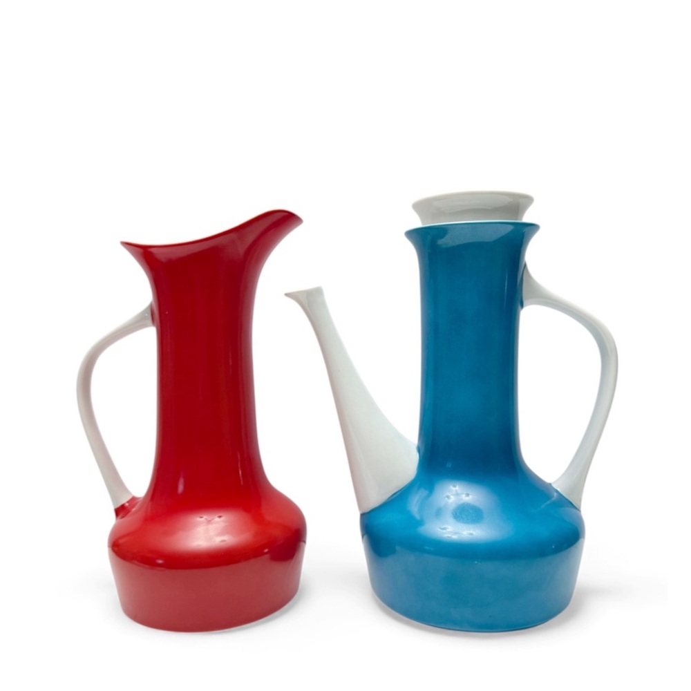 Vintage Mid Century Paul McCobb Contempri Pitcher & Coffee Carafe Red Blue Set